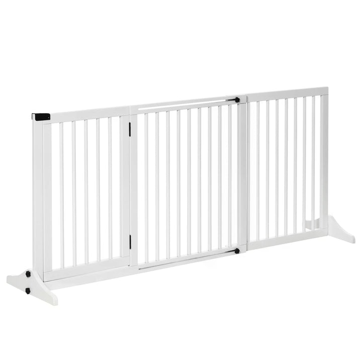 PawHut Adjustable Wooden Pet Gate Freestanding Dog Barrier Fence Doorway 3 Panels Safety Gate w/ Lockable Door White 71H x 113-166W cm | Aosom UK