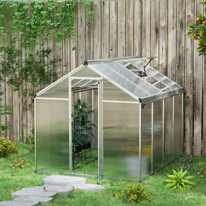 Outsunny 6 x 8ft Polycarbonate Greenhouse with Rain Gutters, Large Walk-In Green House with Door and Window, Garden Plants Grow House