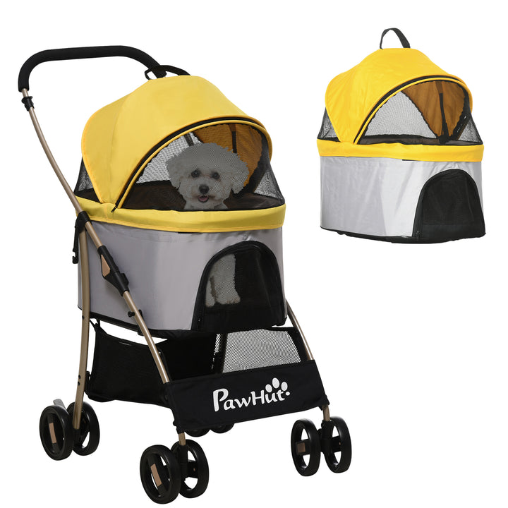 PawHut 3-In-1 Dog Pushchair, Detachable Pet Travel Stroller with Brake, Canopy, and Storage, Yellow | Aosom UK