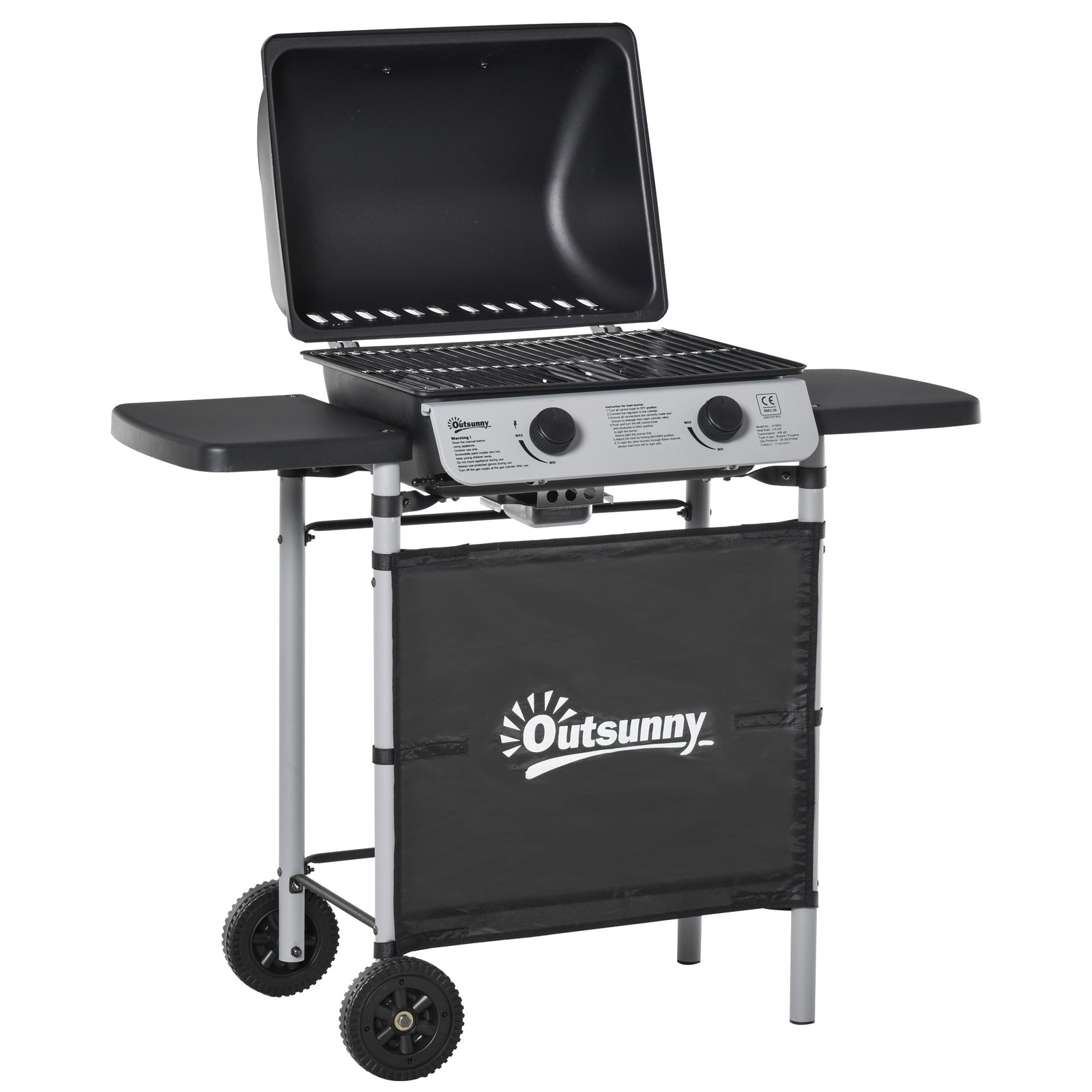 2 Burner Gas BBQ Trolley with Lid, 5.6 kW Gas Barbecue Grill with Wheels, Side Shelves, Black