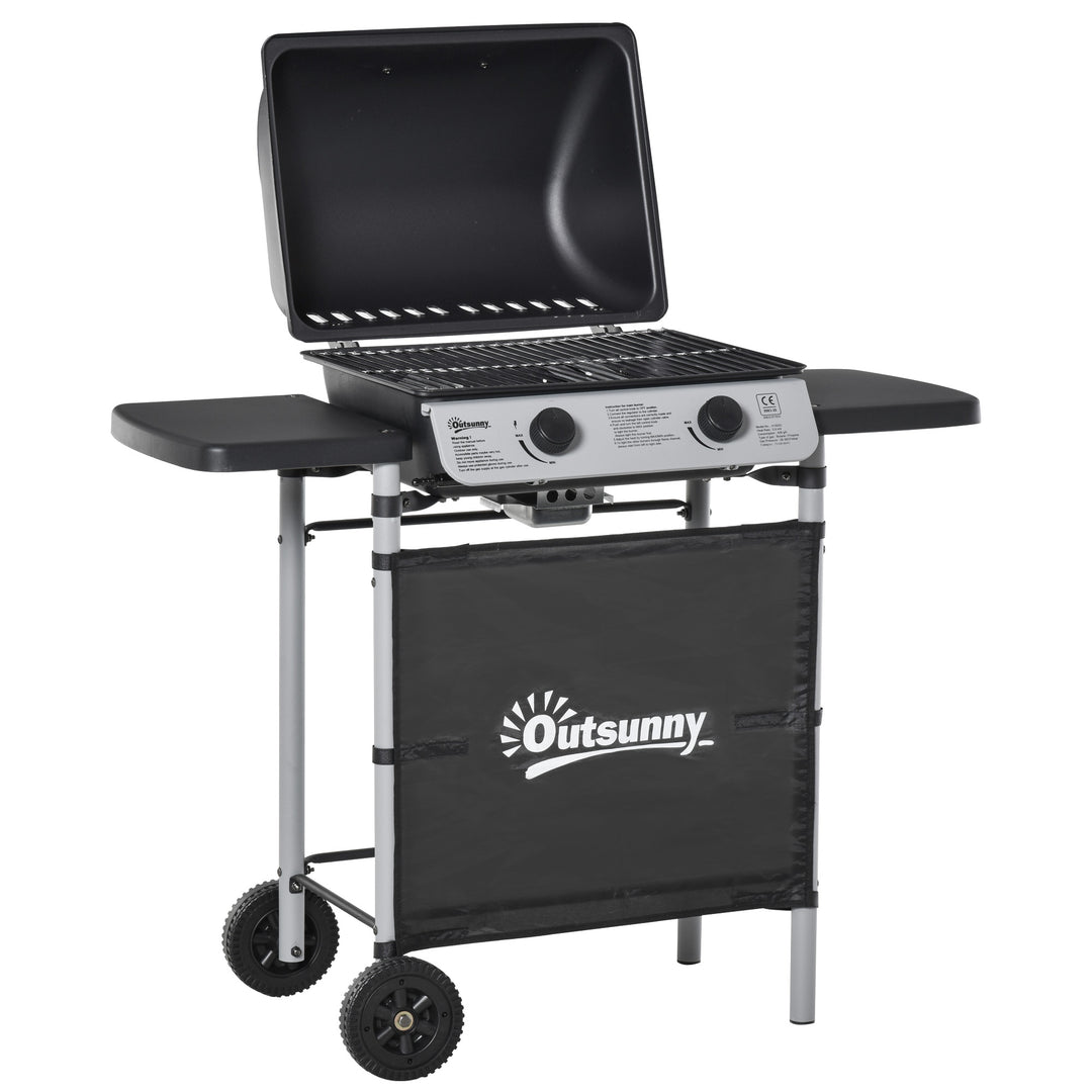 MCL 2 Burner Gas BBQ Trolley with Lid, 5.6 kW Gas Barbecue Grill with Wheels, Side Shelves, Black