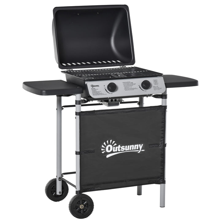 MCL 2 Burner Gas BBQ Trolley with Lid, 5.6 kW Gas Barbecue Grill with Wheels, Side Shelves, Black