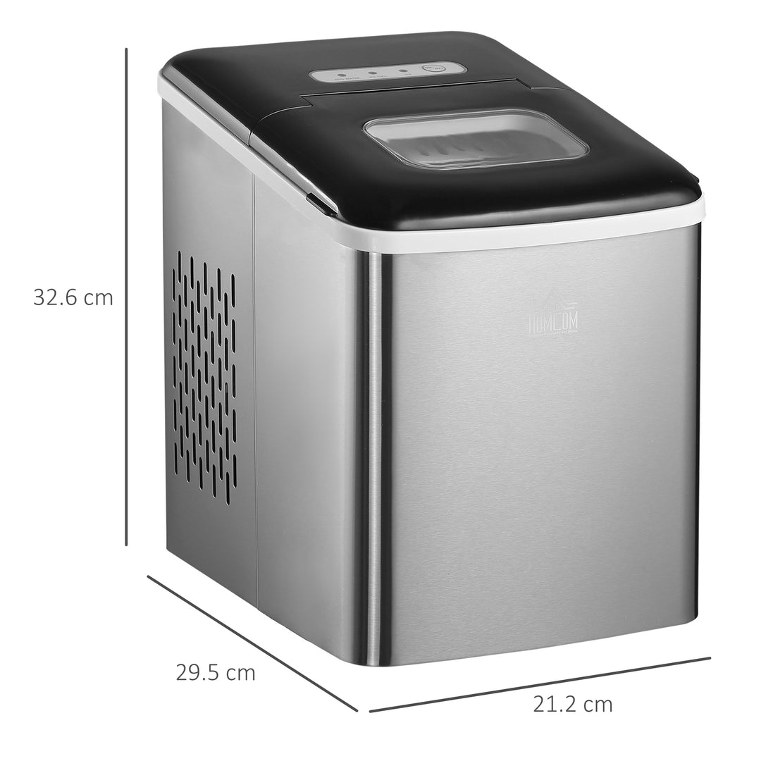 HOMCOM Ice Maker Machine, Counter Top Ice Cube Maker for Home 12kg in 24 Hrs 1.8L with Self Cleaning Function Scoop and Basket Stainless Steel Black