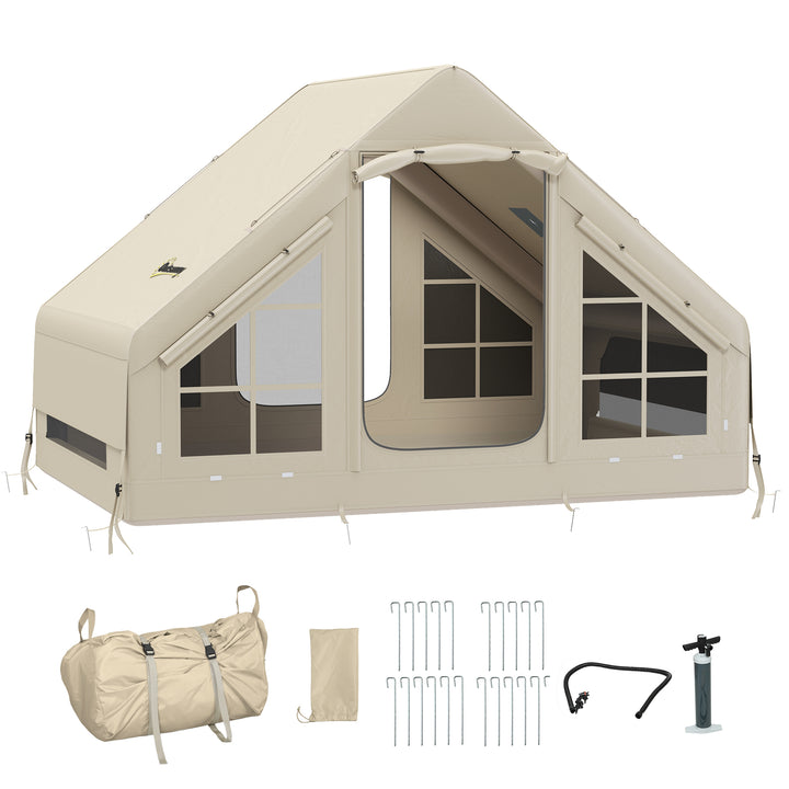 Inflatable Camping Tent with Pump and Stove Jack Hole, Easy Setup 2-4 Person Blow Up Tent, Waterproof Luxury Inflatable Tent with Mesh Windows, Doors, Hook and Carry Bag, Beige