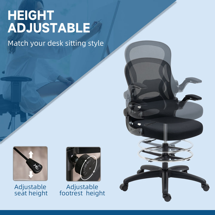 Adjustable Mesh Standing Desk Chair with Flip-up Armrests Lumbar Support Armrests Adjustable Footrest Ring Black