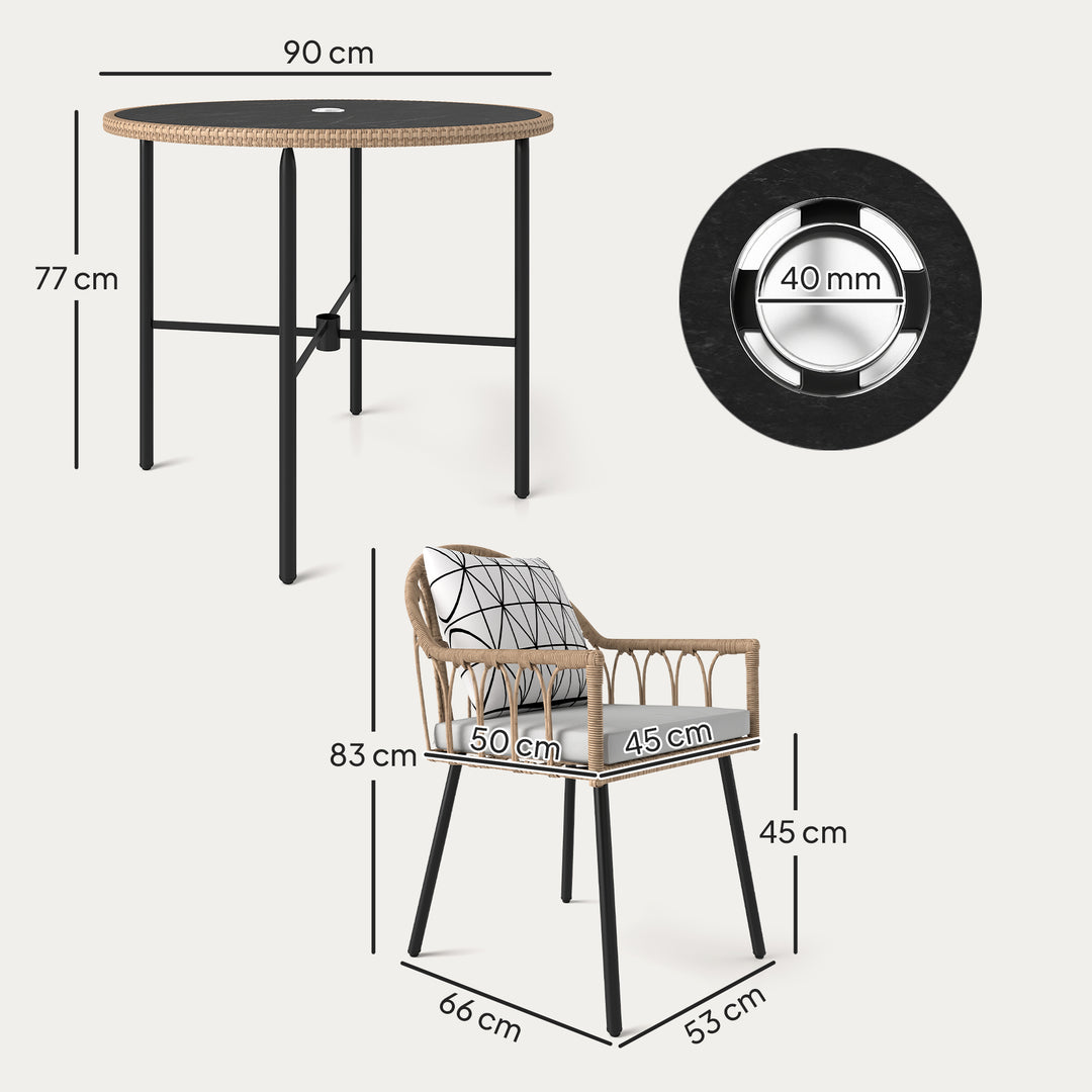 5 Piece Patio Rattan Dining Set, Wicker Garden Table and Chairs w/ Removable Seat & Back Cushions, Round Tempered Glass Tabletop, Parasol Hole, Outdoor Furniture Conservatory Set, Light Brown