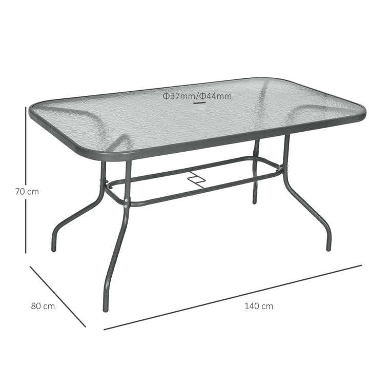 Outsunny Aquatex Glass Garden Table Curved Metal Frame w/ Parasol Hole 4 Legs Outdoor Dining Sturdy Balcony Friends Family Tempered Grey | Aosom UK