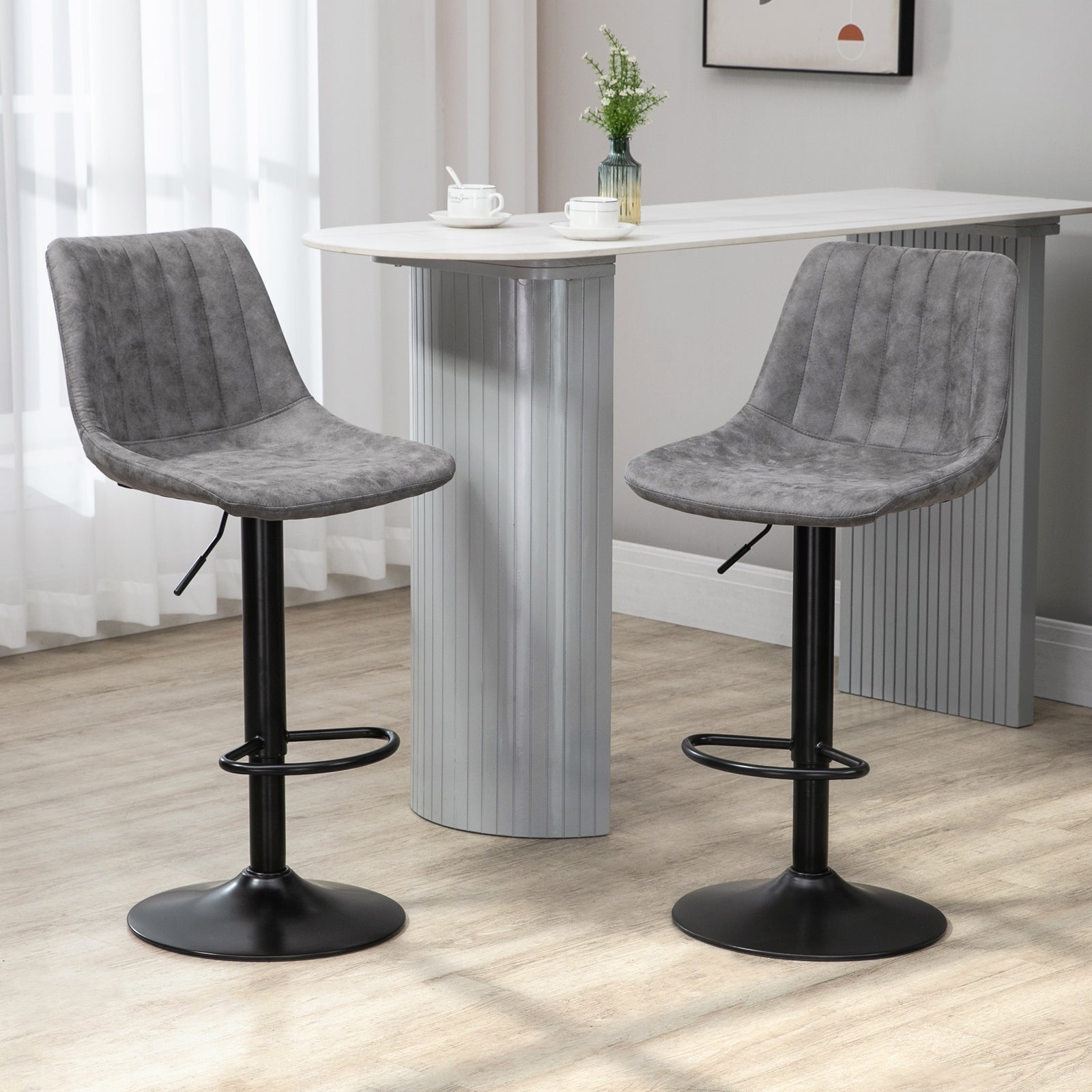 Modern Bar Stools Set of 2, Height Adjustable Swivel Bar Chairs with Backrest, Gas Lift and Footrest, Microfibre Barstools for Breakfast Counter, Kitchen Island, Grey