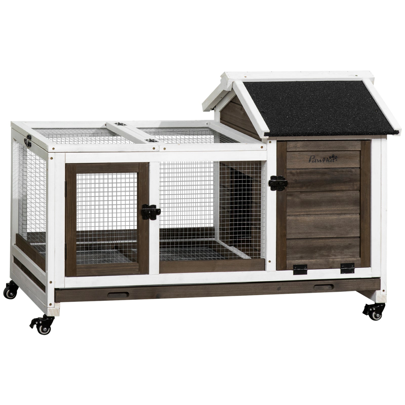 Wooden Rabbit Hutch, Guinea Pig Cage, with Removable Tray, Wheels - Brown