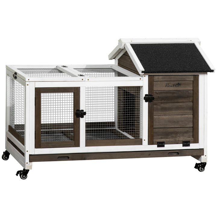 Wooden Rabbit Hutch, Guinea Pig Cage, with Removable Tray, Wheels - Brown