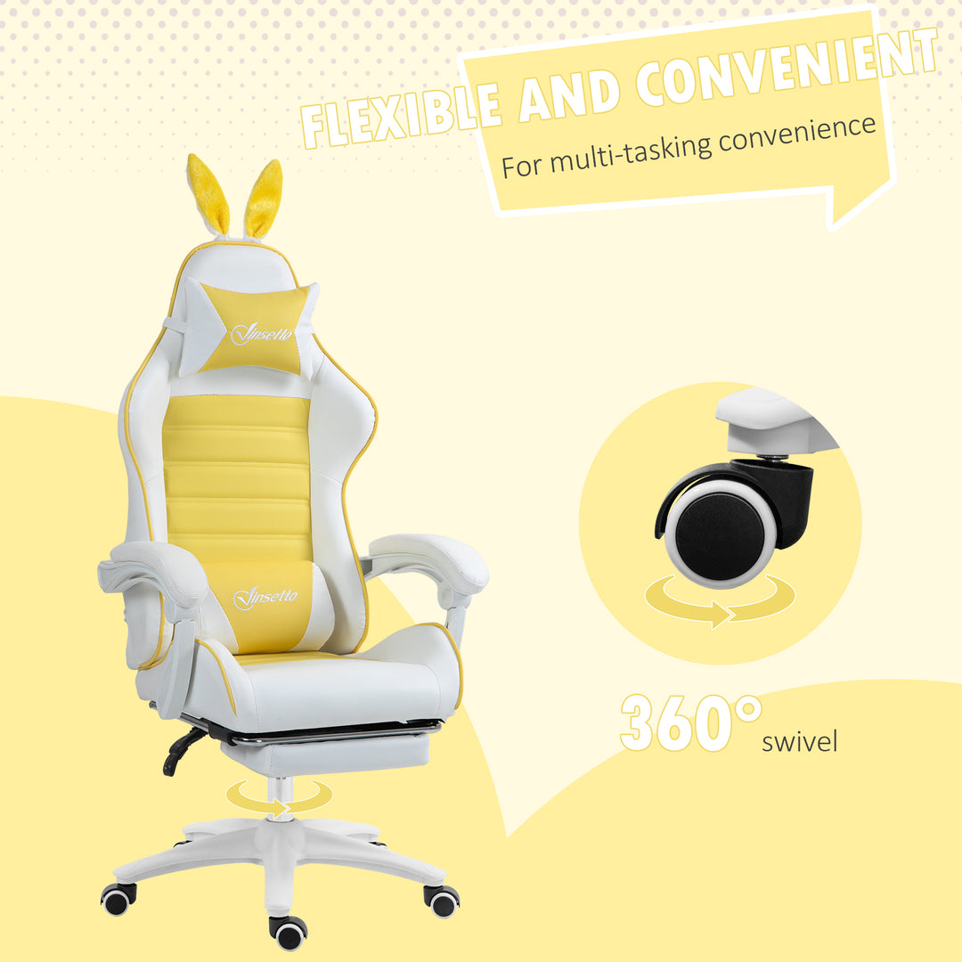 Reclining Racing Gaming Chair with Headrest and Lumber Support, PU Leather Computer Chair with Removable Rabbit Ears, Footrest, Yellow