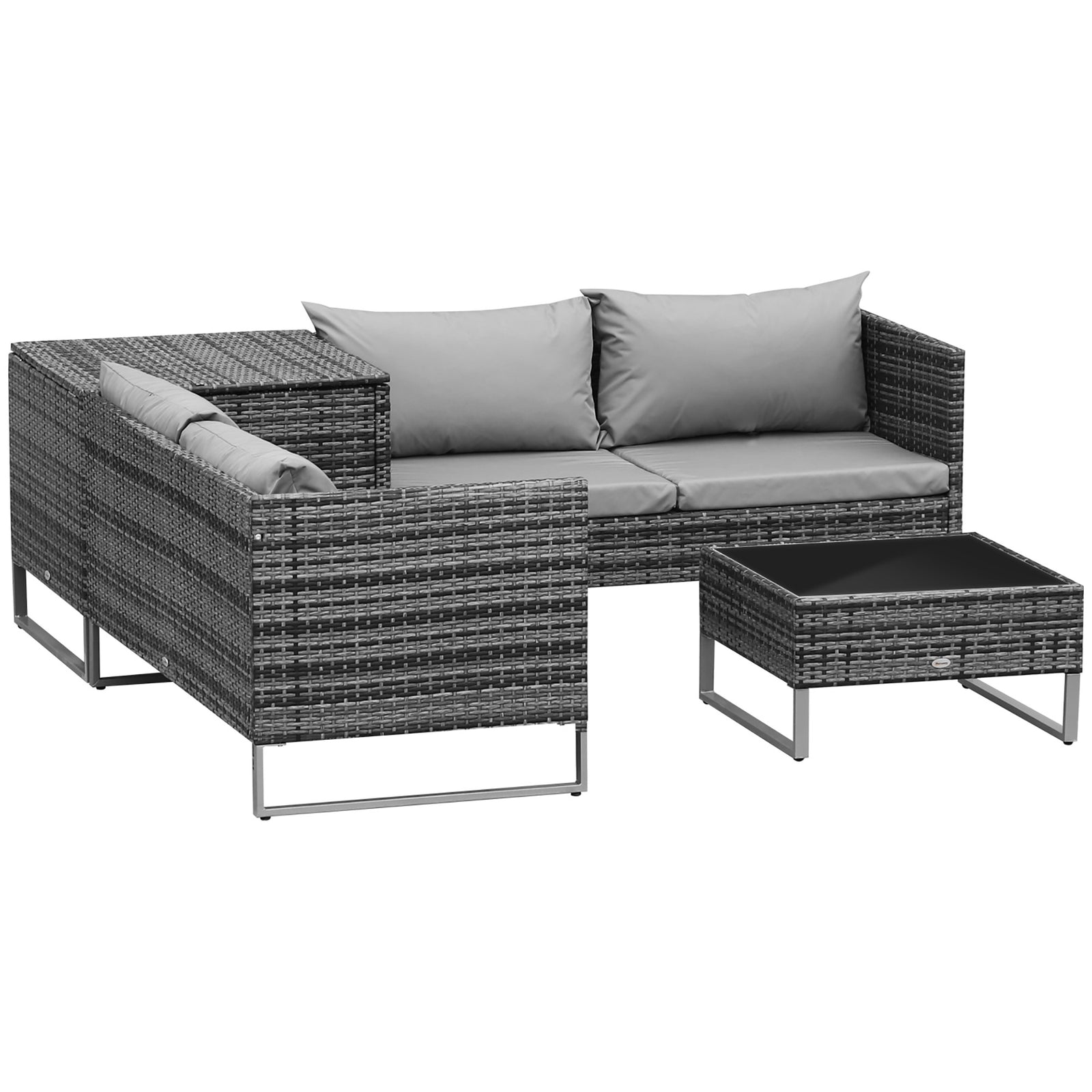 4pc Garden Rattan Wicker Outdoor Furniture Patio Corner Sofa Love Seat and Table Set with Cushions Side Desk Storage, Mixed Grey