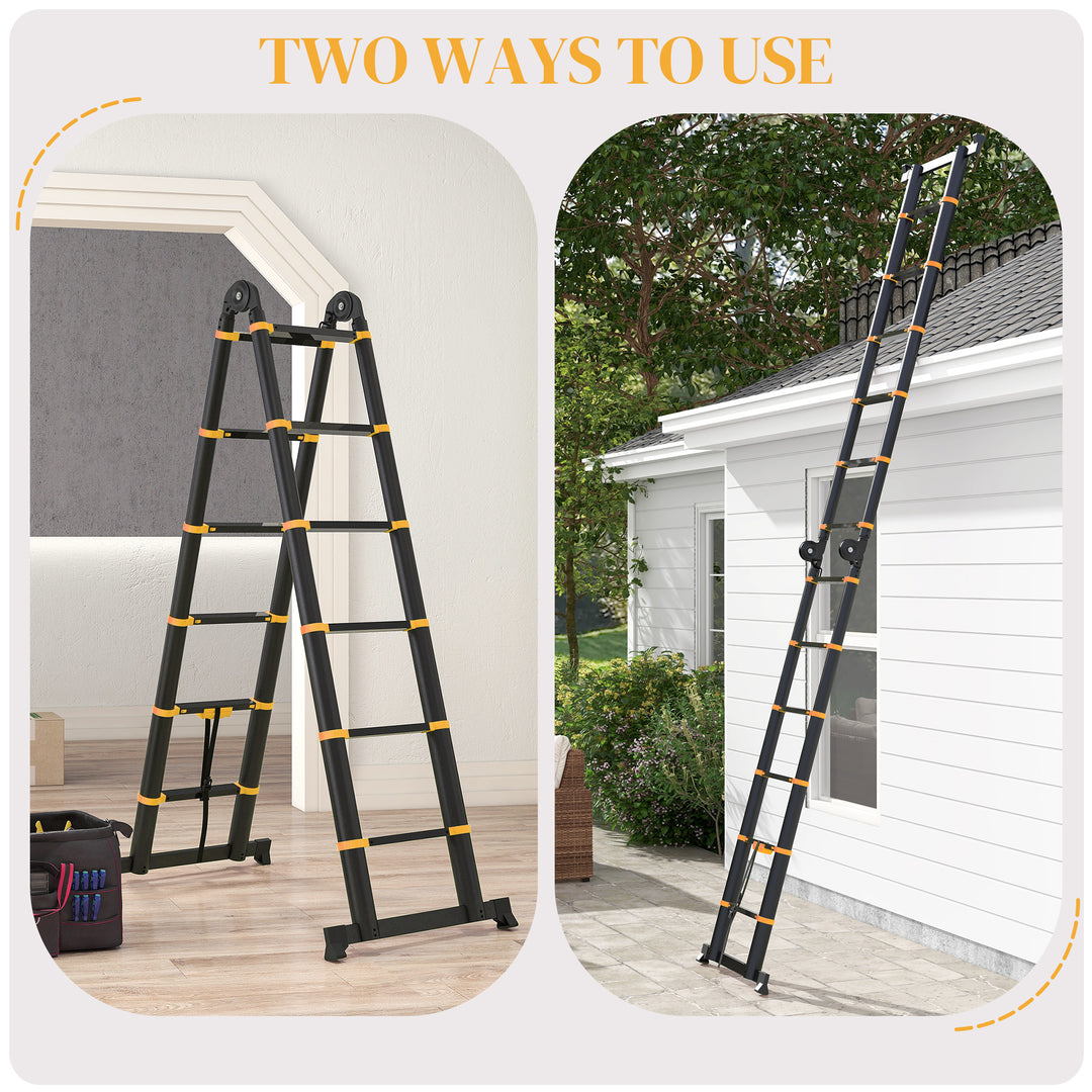 HOMCOM 3.8M Duo Aluminium Ladder w/ Tool Holder Herringbone Deployed Extendable DIY w/ 12 Non-Slip Steps, Yellow