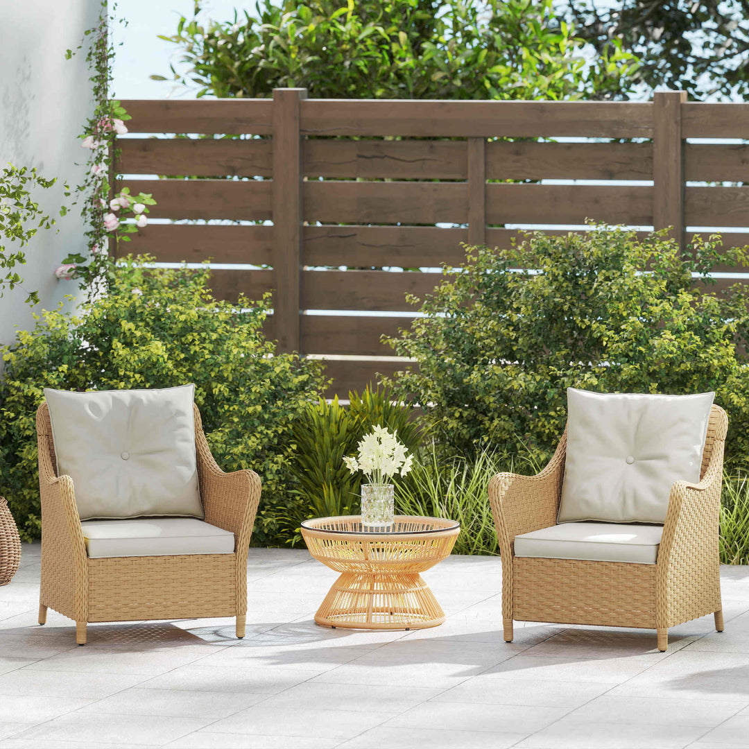 Rattan Garden Chairs Set of 2, Outdoor Rattan Chairs with Cushions, Armrests and High Back, PE Wicker Garden Armchair with Steel Frame for Balcony, Porch, Beige