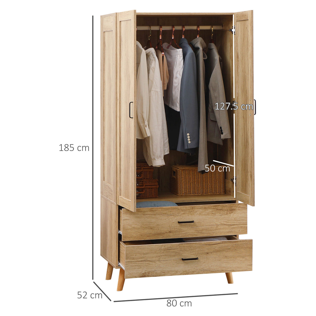 HOMCOM 2 Door Wardrobe, Modern Wardrobe with 2 Drawer and Hanging Rail for Bedroom, Natural