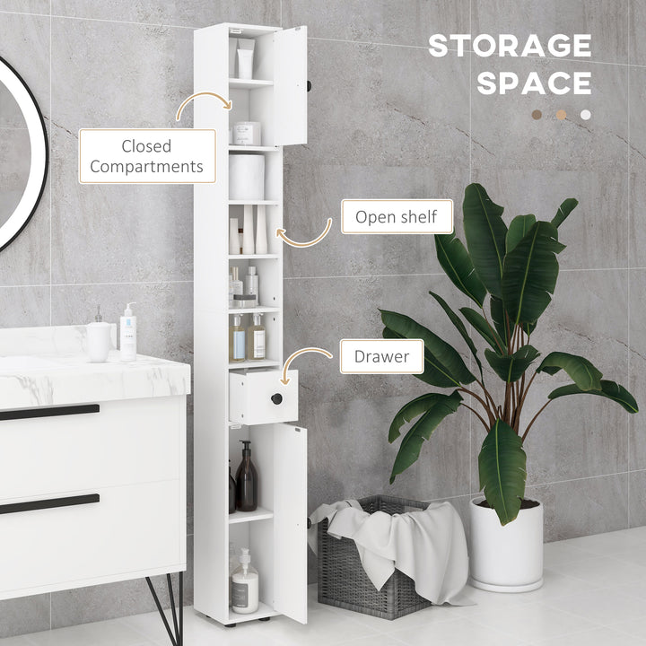 180cm Slim Bathroom Cabinet, with Drawer, Shelves and Cupboards - White