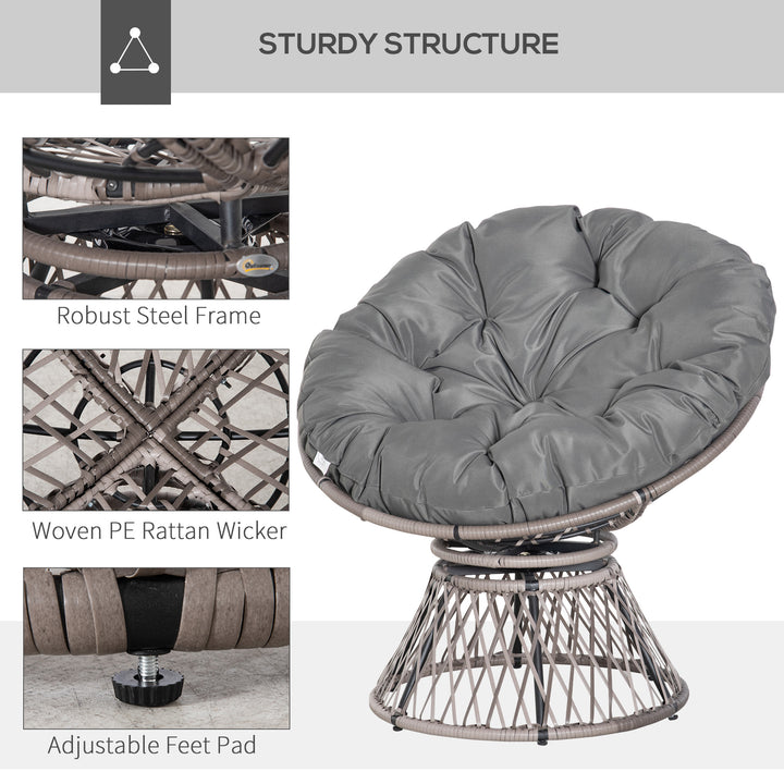 360° Swivel Rattan Papasan Moon Bowl Chair Round Lounge Garden Wicker Basket Seat with Padded Cushion Oversized for Outdoor Indoor, Grey