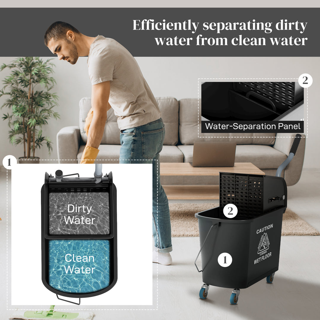 20L Compact Mop Bucket on Wheels, with Water Separation Panel - Black