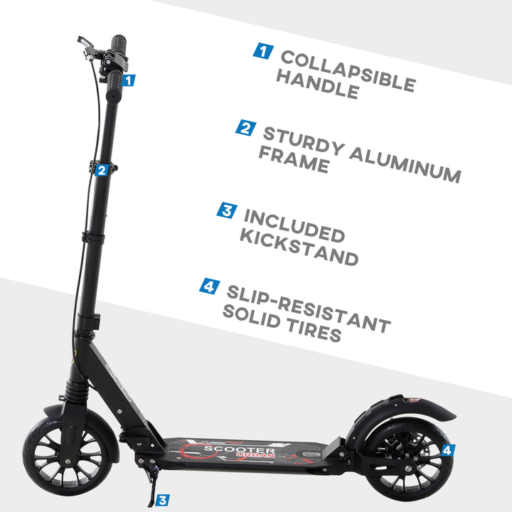 Adult Teens Kick Scooter Foldable Height Adjustable Aluminium Ride On Toy for 14+ w/ Rear Wheel & Hand Brake, 200mm Big Wheels, Shock Mitigation System - Black