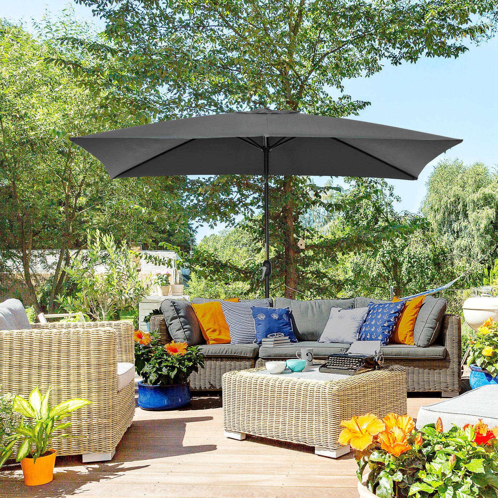 3x2m Patio Parasol Garden Umbrellas Canopy with Aluminium Tilt Crank Rectangular Sun Shade Steel, Black