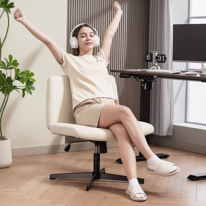 Armless Office Chair No Wheels, Linen Fabric Criss Cross Legged Desk Chair with Wide Seat, Thick Padding, Tilt Function, Height Adjustable Swivel Computer Seat for Home, Cream