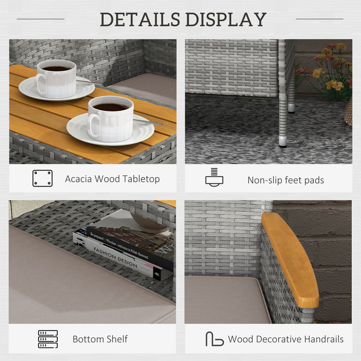 Two-Seat Rattan Loveseat, with Wood-Top Middle Table - Grey