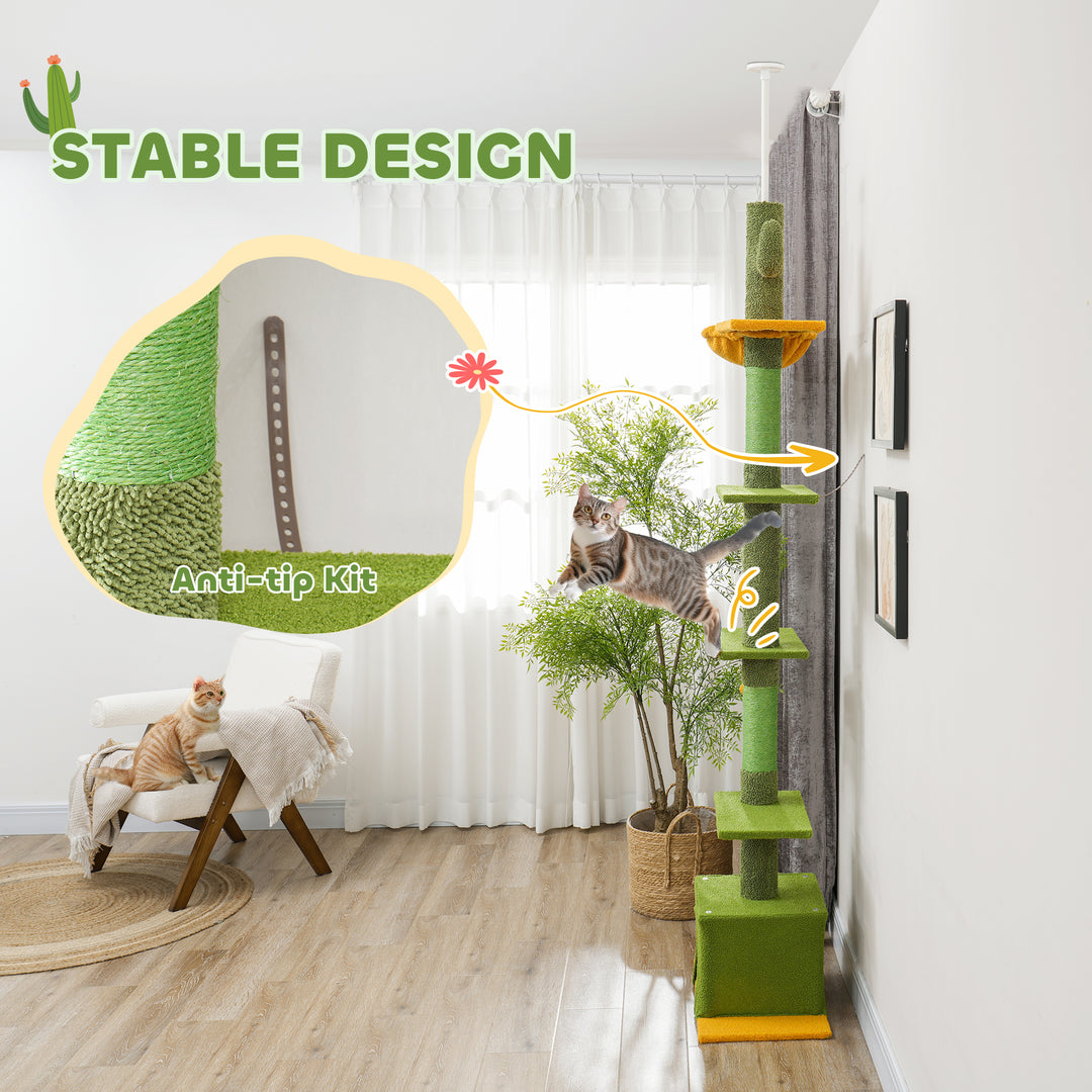 230-275cm Floor-to-Ceiling Adjustable Cat Tree with Scratching Posts, Hammock