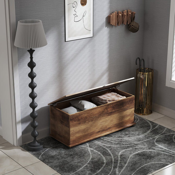 113L Storage Chest, Storage Box with Flip-Top Lid and 2 Safety Hinges, Storage Trunk for Living Room, Entryway, 100 x 40 x 40 cm, Brown Wood Grain