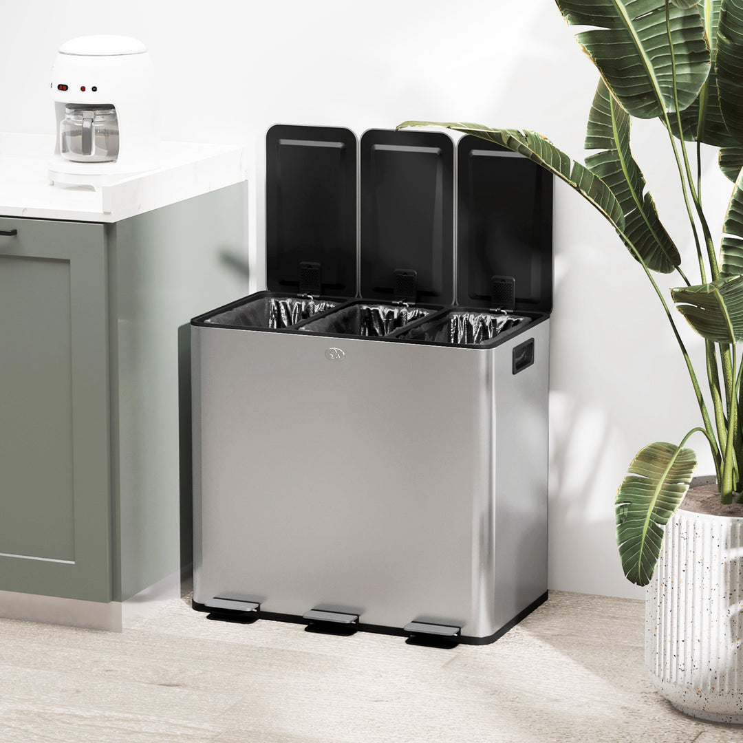 3 x 15L Pedal Bin, Steel Triple Kitchen Bin with Soft Close Lid, Removable Inner Buckets, Fingerprint-Proof, Silver Tone