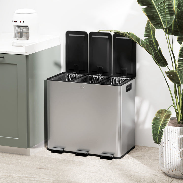 3 x 15L Pedal Bin, Steel Triple Kitchen Bin with Soft Close Lid, Removable Inner Buckets, Fingerprint-Proof, Silver Tone