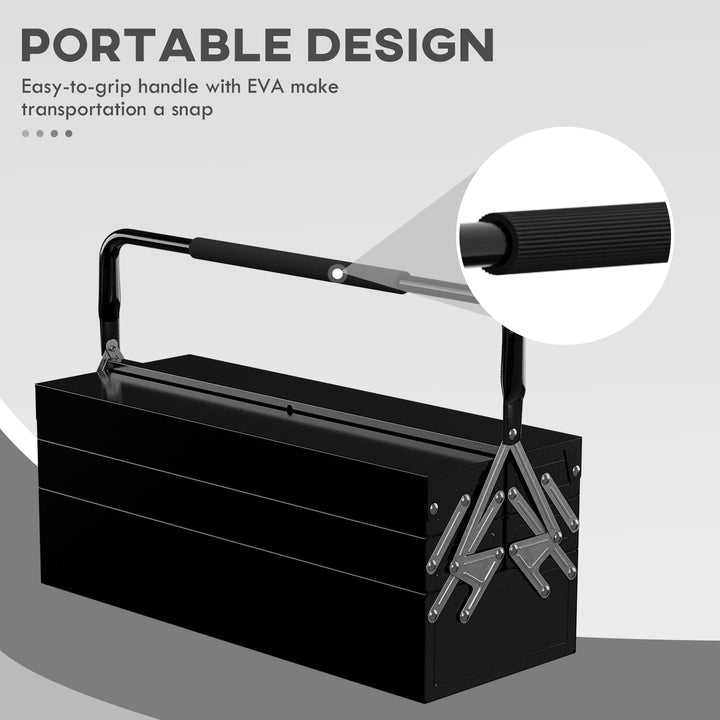 3 Tier Metal Toolbox, 5 Tray Professional Portable Tool Box with Carry Handle for Workshop, 56cmx20cmx34cm, Black