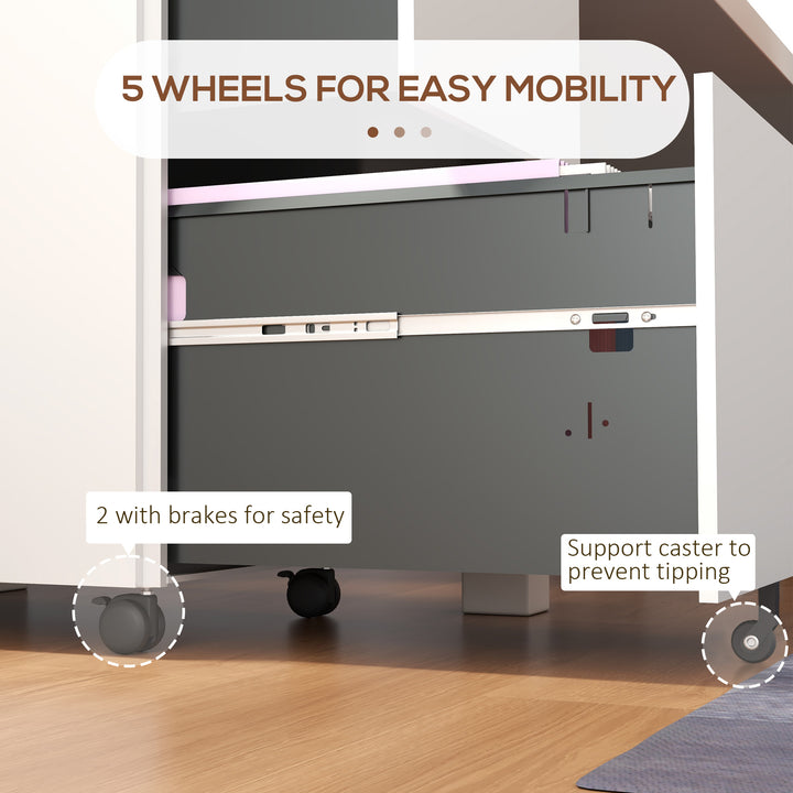 2-Drawer Vertical Filing Cabinet with Lock and 5 Wheels, Steel Mobile File Cabinet, for A4, Legal and Letter Size, Pre-Assembled Body, White
