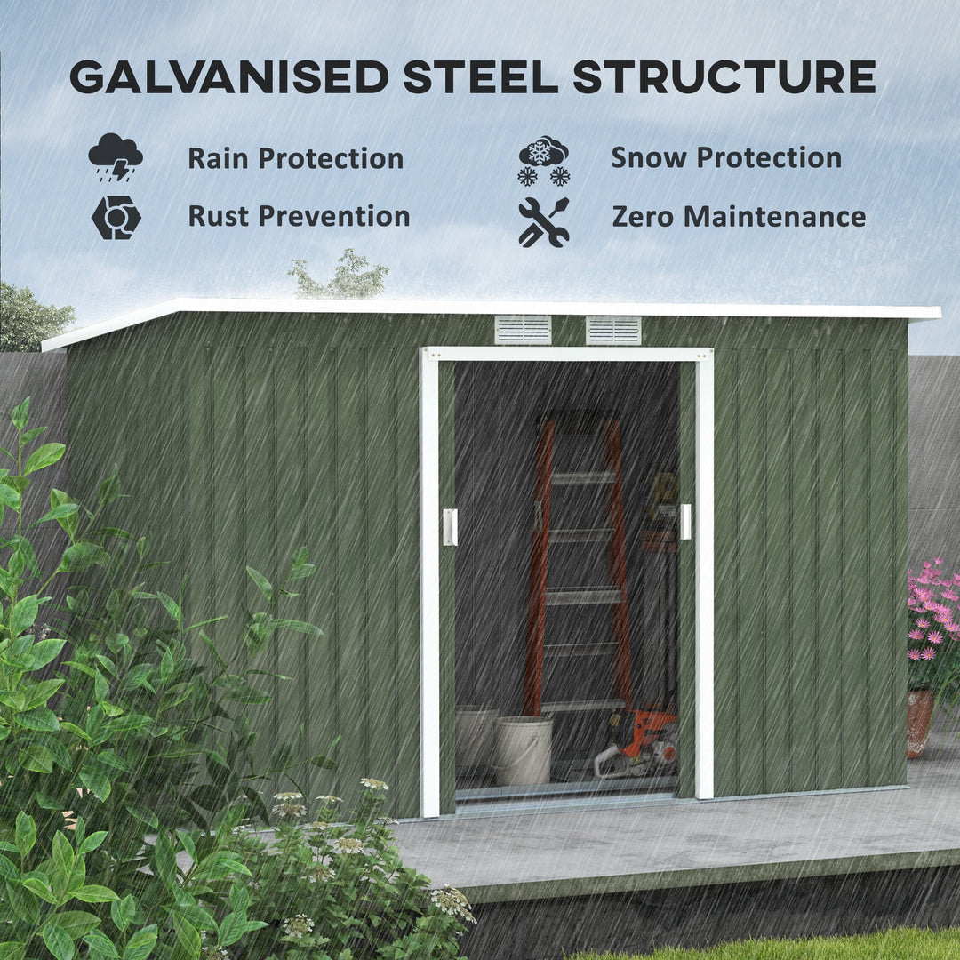 9ft x 4ft Metal Garden Shed, Outdoor Tool House with Foundation Kit, Ventilations and Double Doors, Light Green