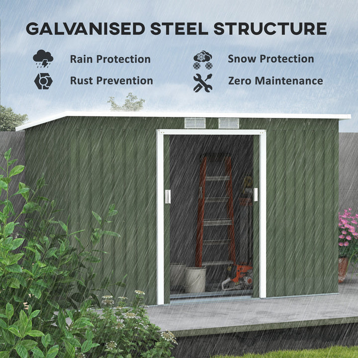 9ft x 4ft Metal Garden Shed, Outdoor Tool House with Foundation Kit, Ventilations and Double Doors, Light Green