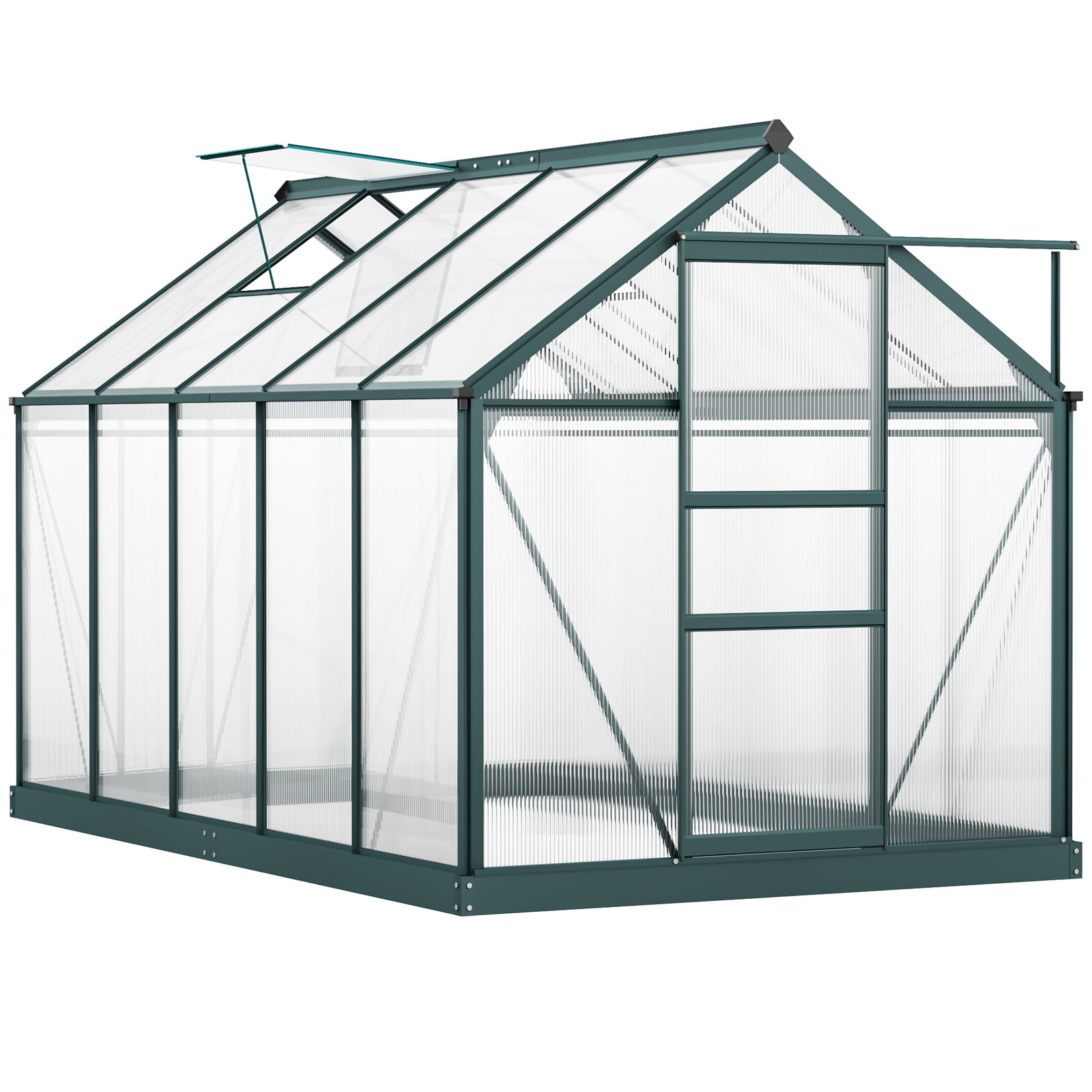 6 x 10ft Polycarbonate Greenhouse, Large Walk-In Green House with Slide Door and Window, Garden Plants Grow House with Aluminium Frame and Foundation, Dark Green