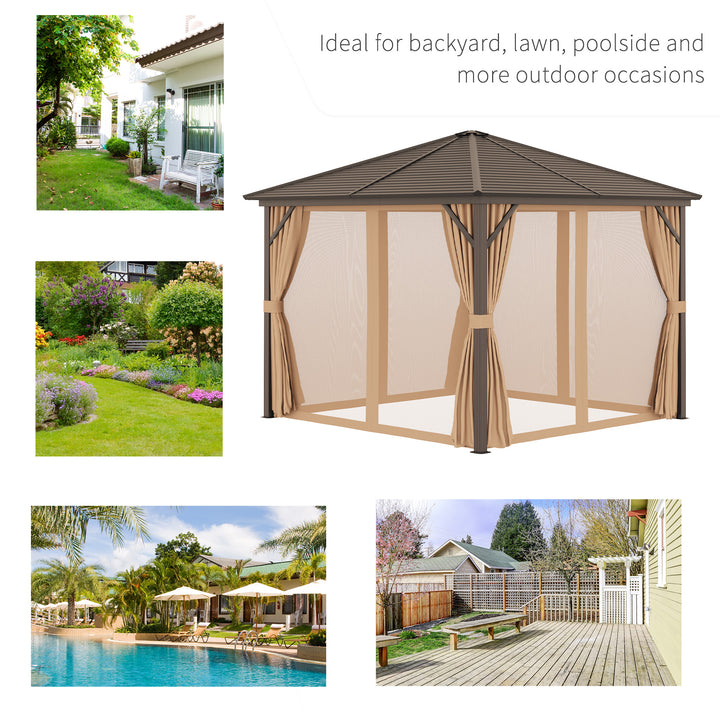 3 x 3(m) Metal Hardtop Gazebo, with Curtains and Accessories - Brown