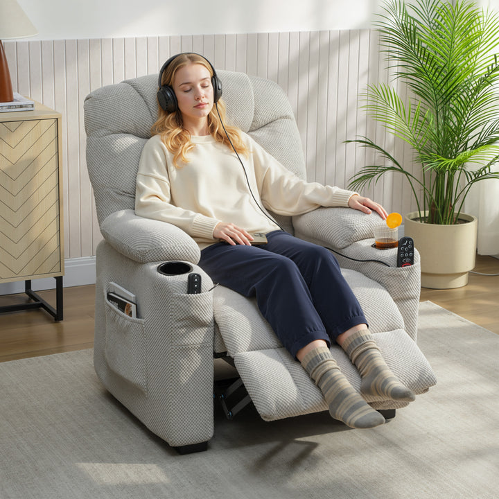 Electric Massage Recliner Armchair with Vibration, Heat, Whisper-Quiet Motor, Memory Function, Fleece Power Reclining Chair with Spring Pack, USB Port, Footrest, Side Pocket, Cup Holders