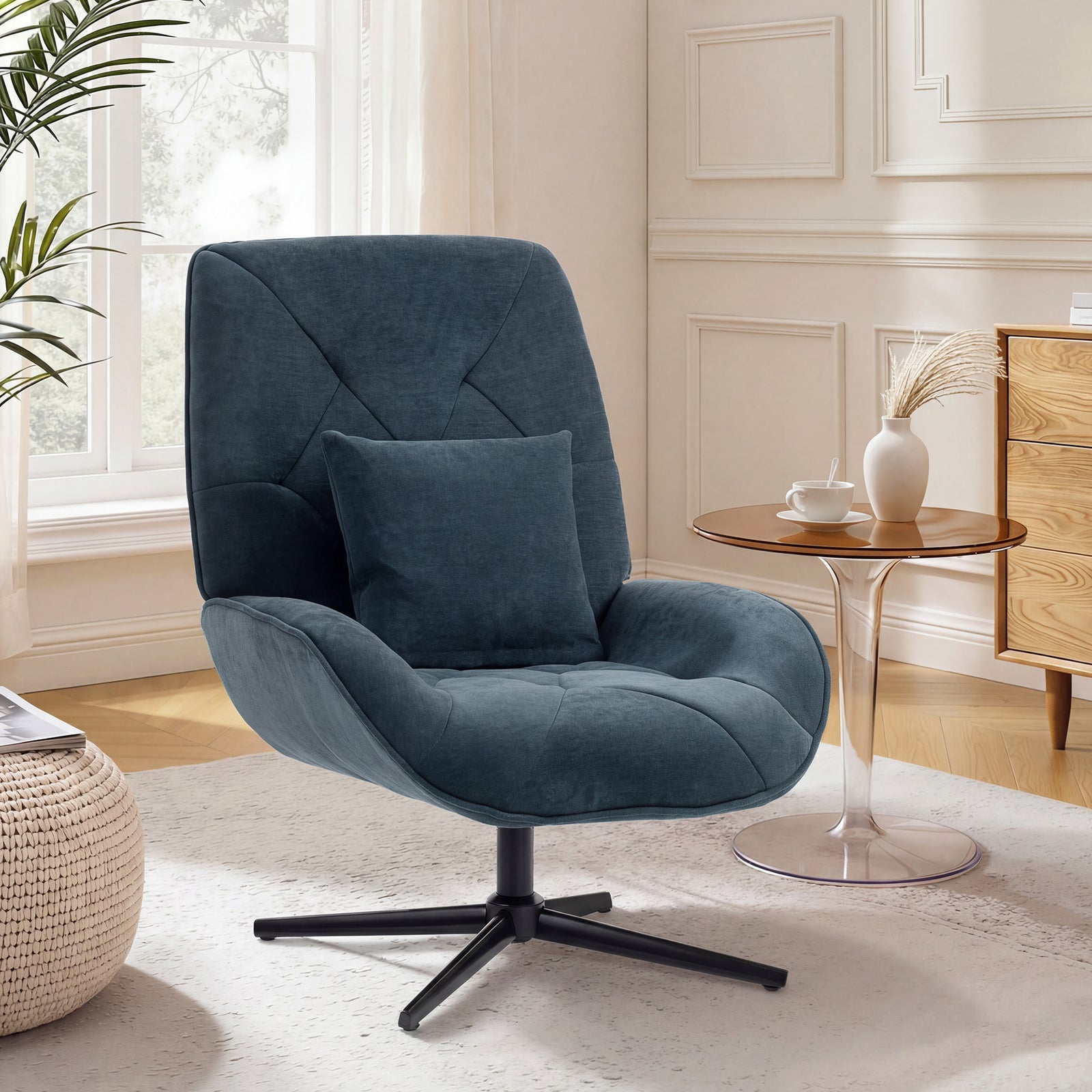 Accent Chair, Chenille Upholstered Swivel Armchair with Lumbar Pillow,