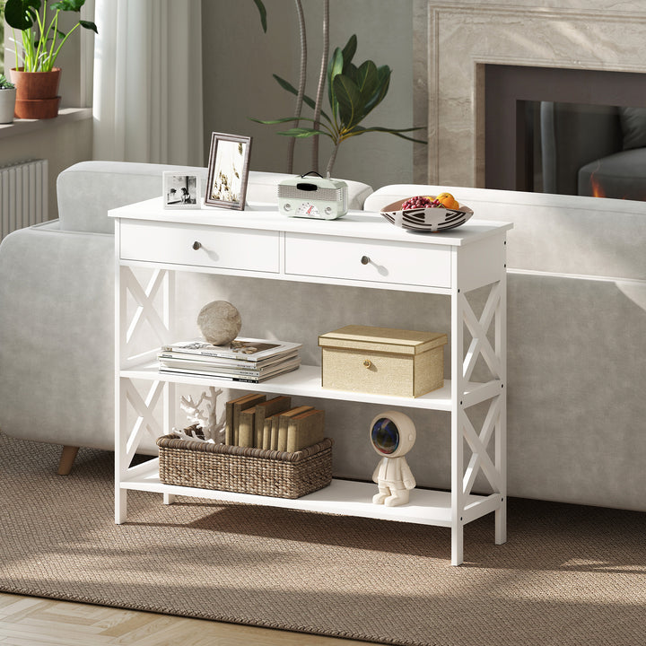 MCL Console Table Side Desk w/ Shelves Drawers Open Top X Support Frame Living Room Hallway Home Office Furniture White
