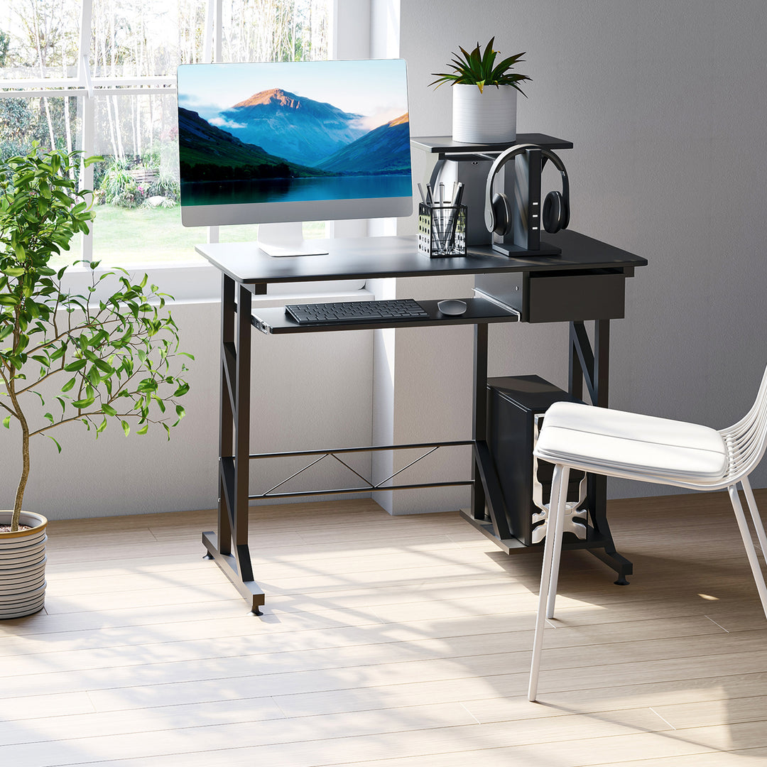 MCL Computer Desk with Display Stand, Sliding Keyboard Tray Drawer and Host Box Shelf Home Office Workstation Black