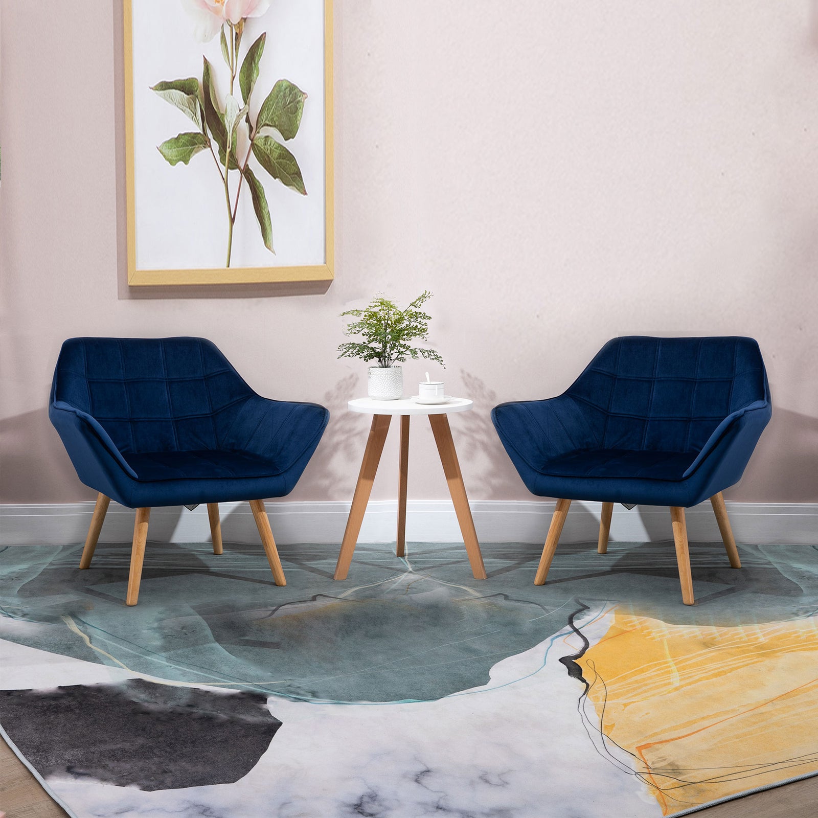 Armchair Accent Chair, Vanity Chair with Wide Arms, Slanted Back, Padding, Metal Frame, Wooden Legs, Home Bedroom Furniture Seating, Set of 2, Blue