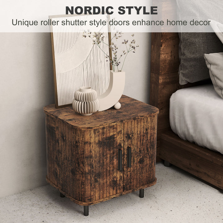 Bedside Table, Nordic Side Table with Roller Shutter Style Sliding Doors and Metal Legs for Bedroom, Living Room, Rustic Brown