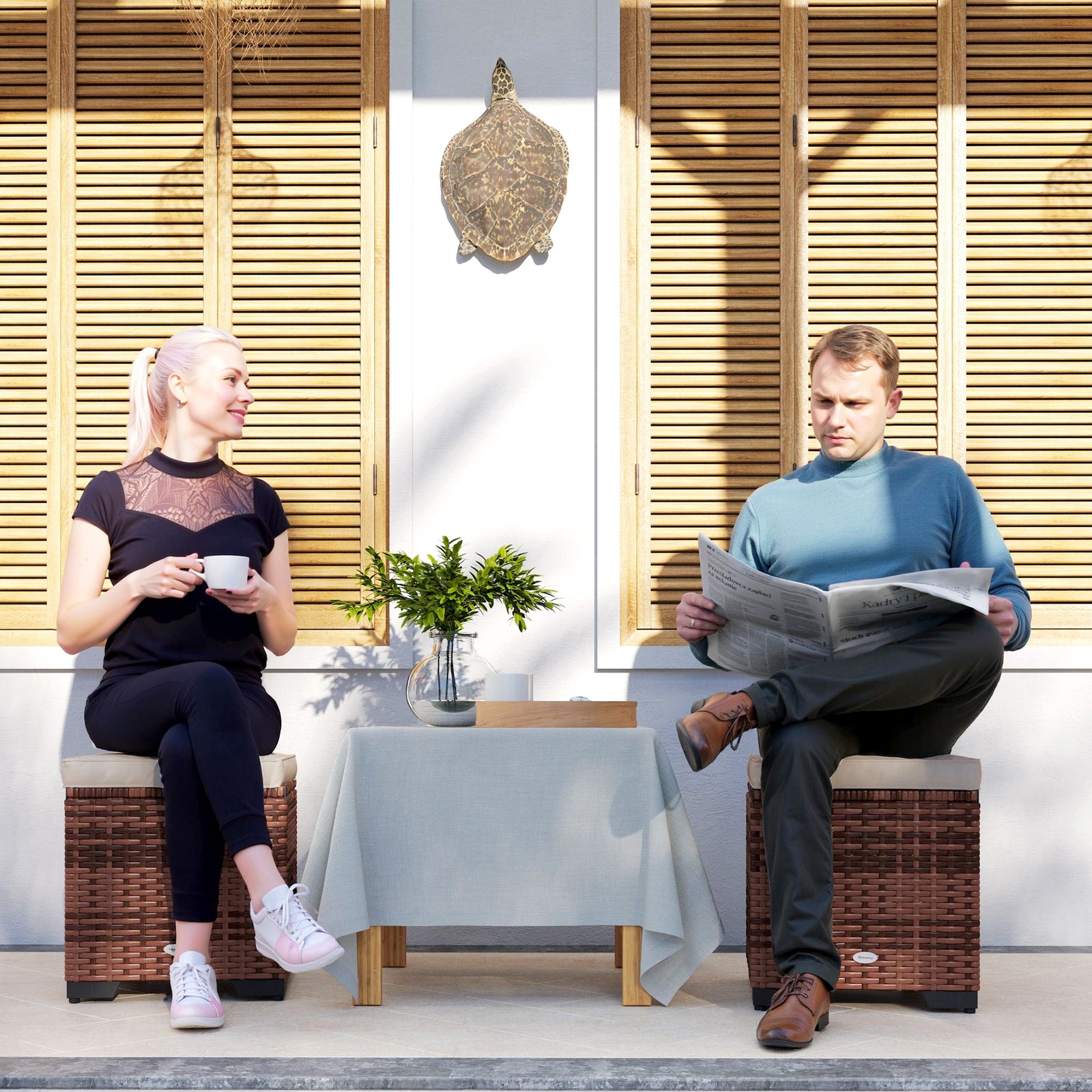 Set of 2 Rattan Storage Ottoman, Outdoor Footstool with Removable Cushions, Garden Storage Seat for Balcony, Porch, Living Room, Beige