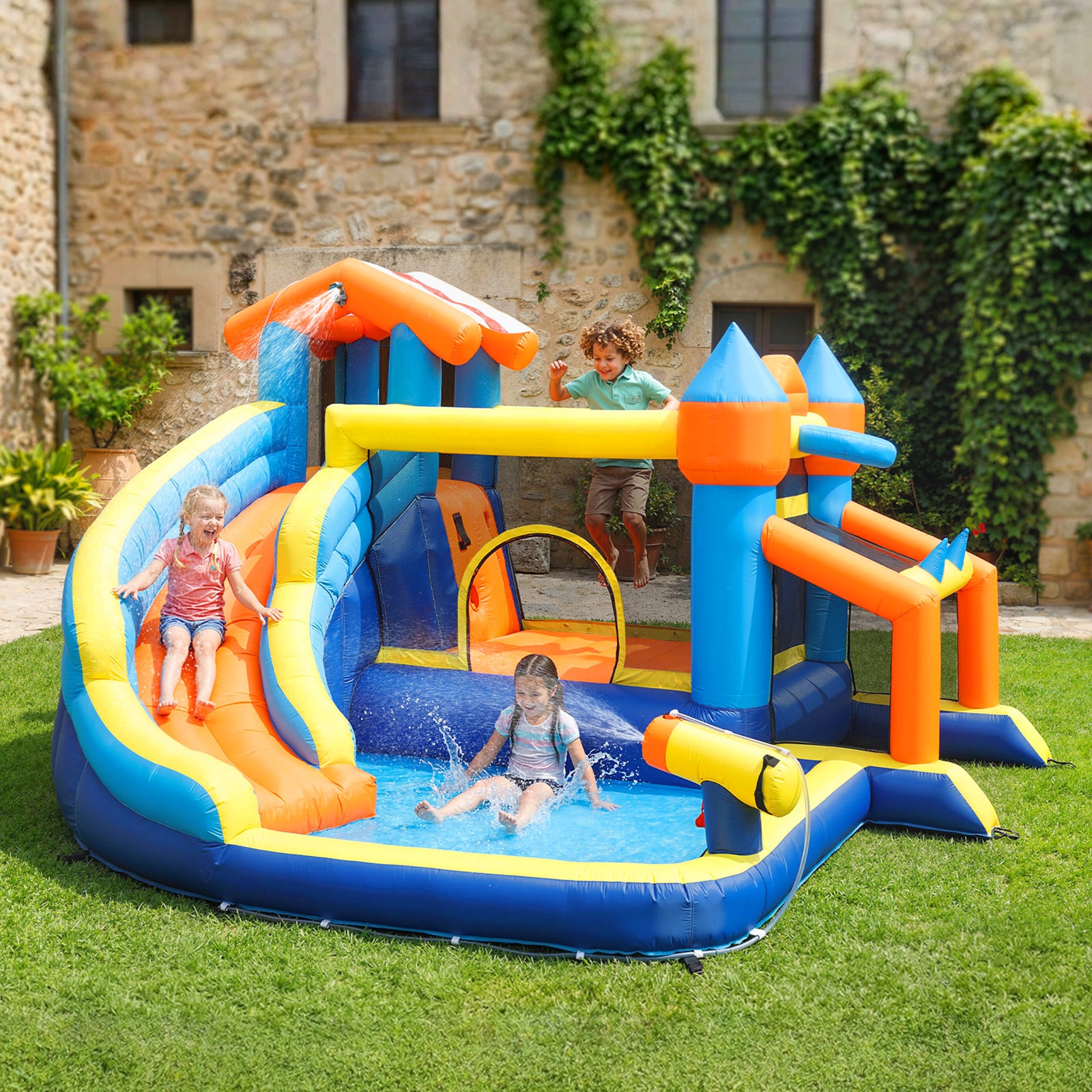 Bouncy Castle for Kids, Inflatable Bounce House with Long Slide, Splas