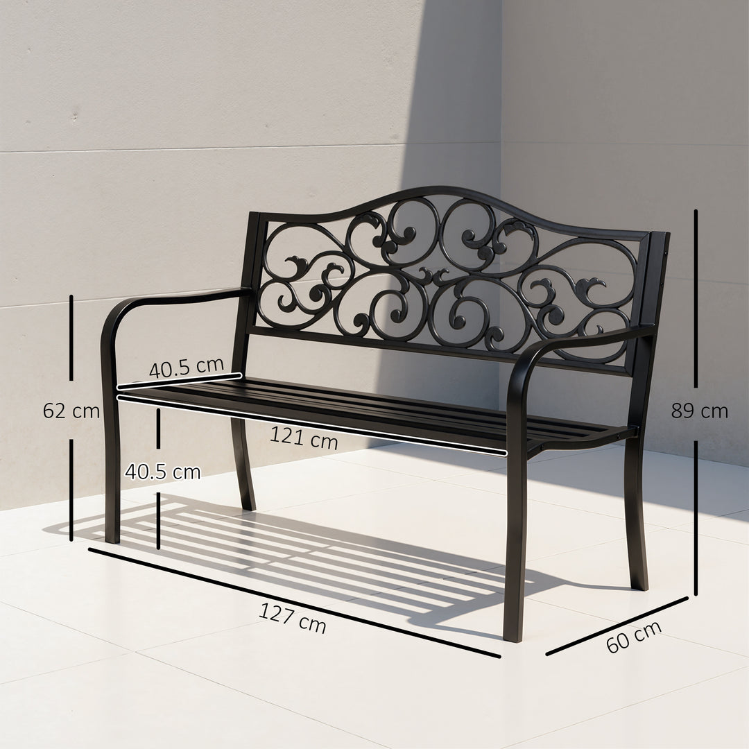 Metal Garden Bench with Floral Backrest and Armrests