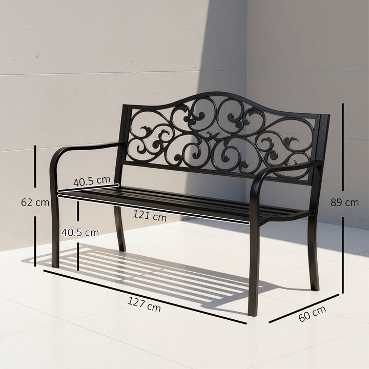 Metal Garden Bench with Floral Backrest and Armrests