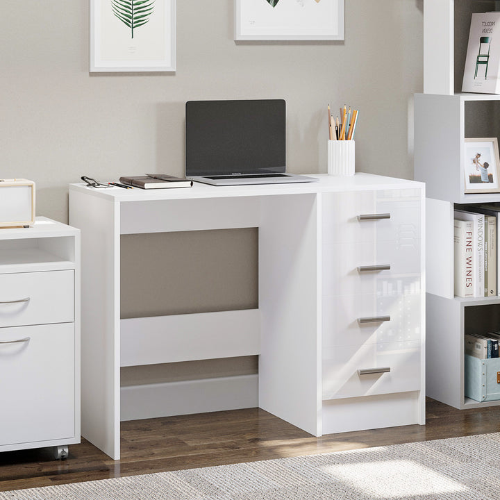 HOMCOM Computer Writing Desk with 4 Drawers, High Gloss Home Office Workstation, White