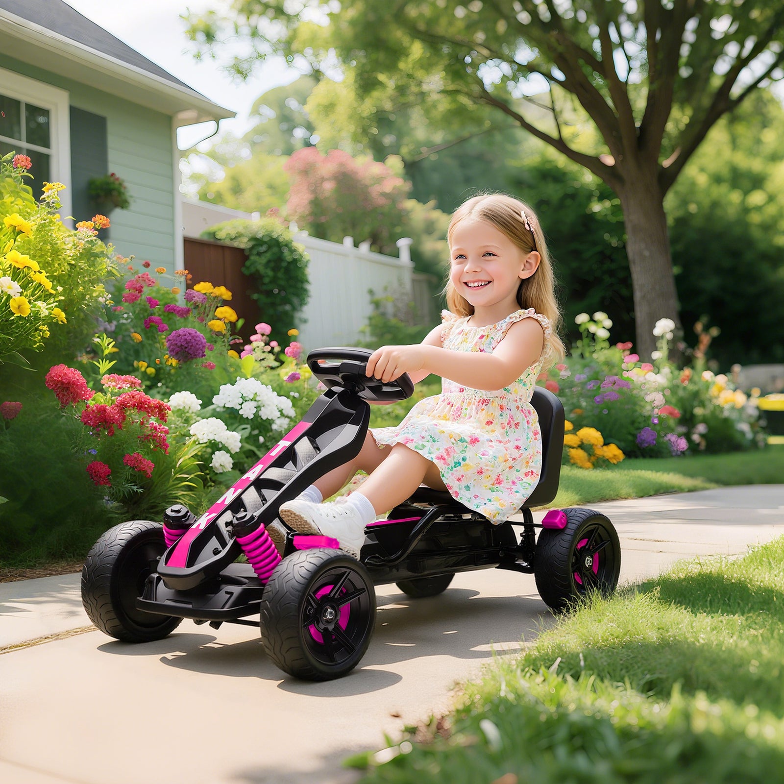 AIYAPLAY Pedal Go kart for Kids Ages 3-6 Years, with Automatic Clutch, Brake, EVA Anti-Slip Wheels, Pink