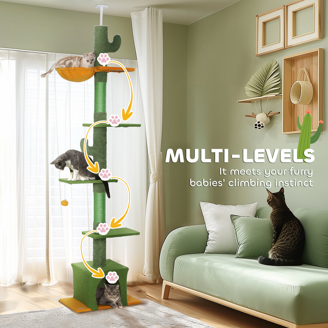 230-275cm Floor-to-Ceiling Adjustable Cat Tree with Scratching Posts, Hammock
