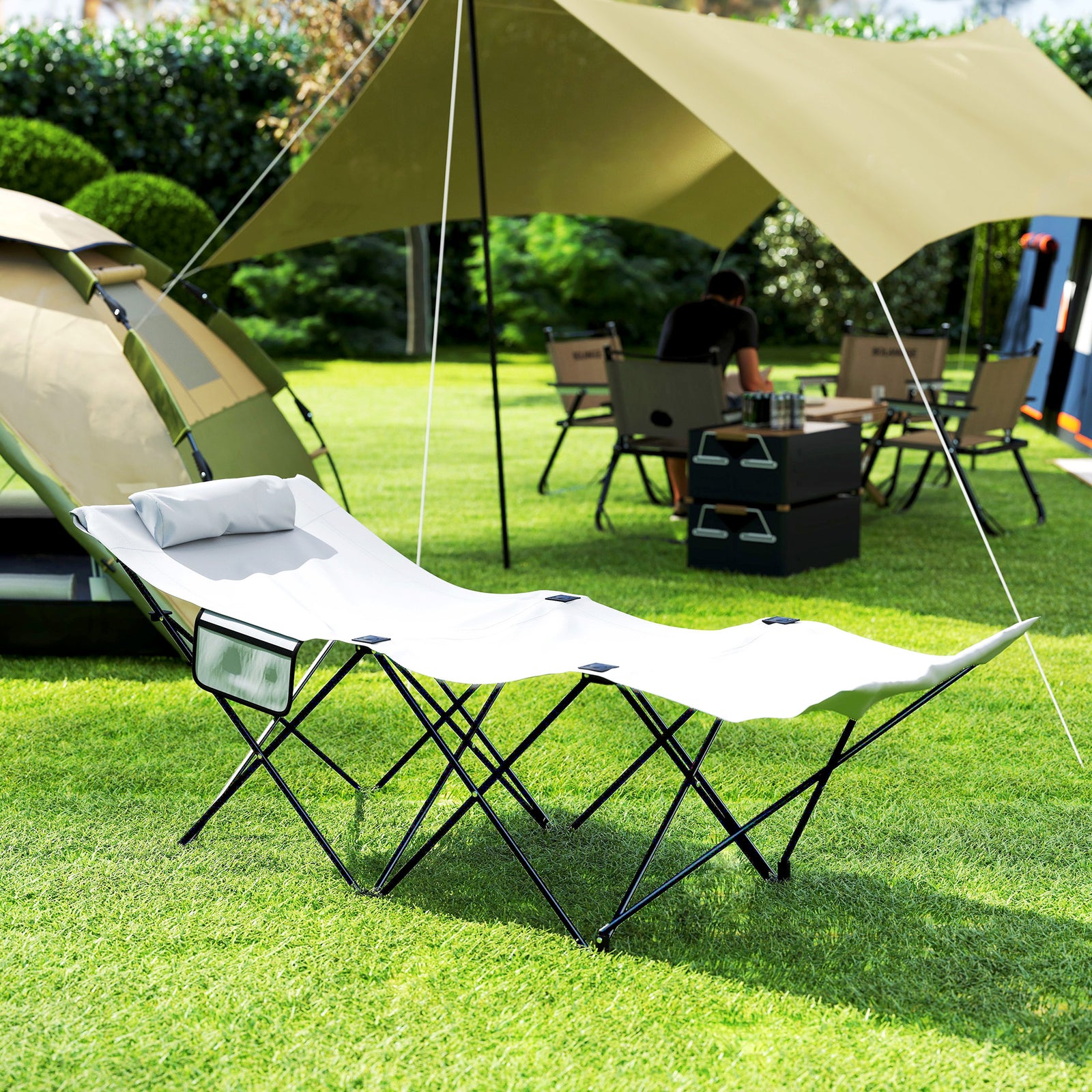 Camping Bed for Adults, Single Folding Camp Bed, Portable Camping Cot with Side Pocket, Headrest and Oxford Seat for Outdoor, Travel, Fishing, Light Grey